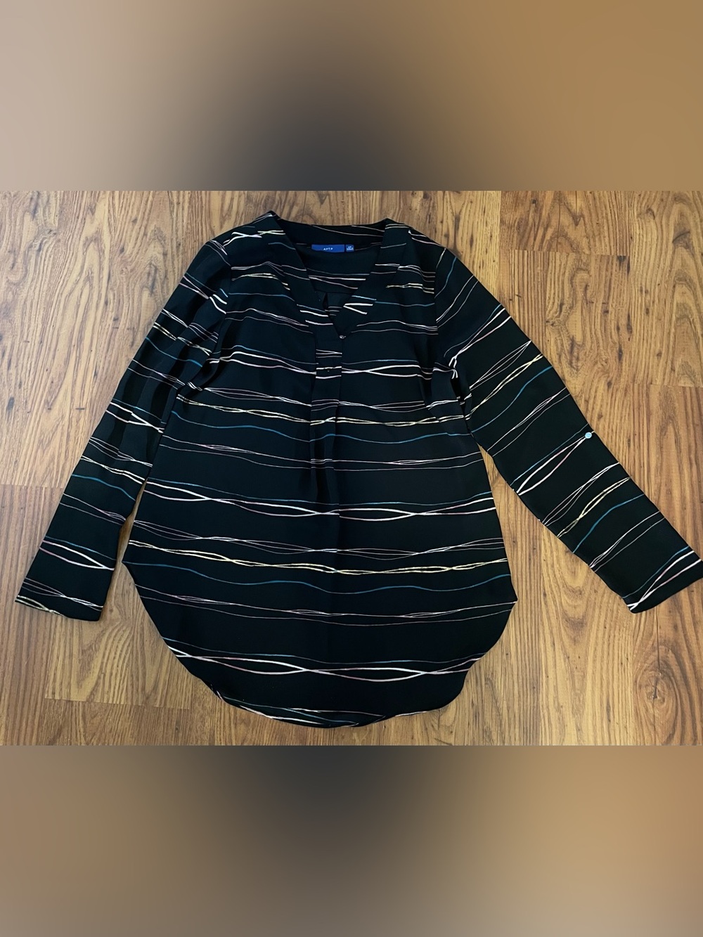 APT. 9 Black Lightweight Drappy Fabric Multi Colored Striped V-Neck Blouse XS